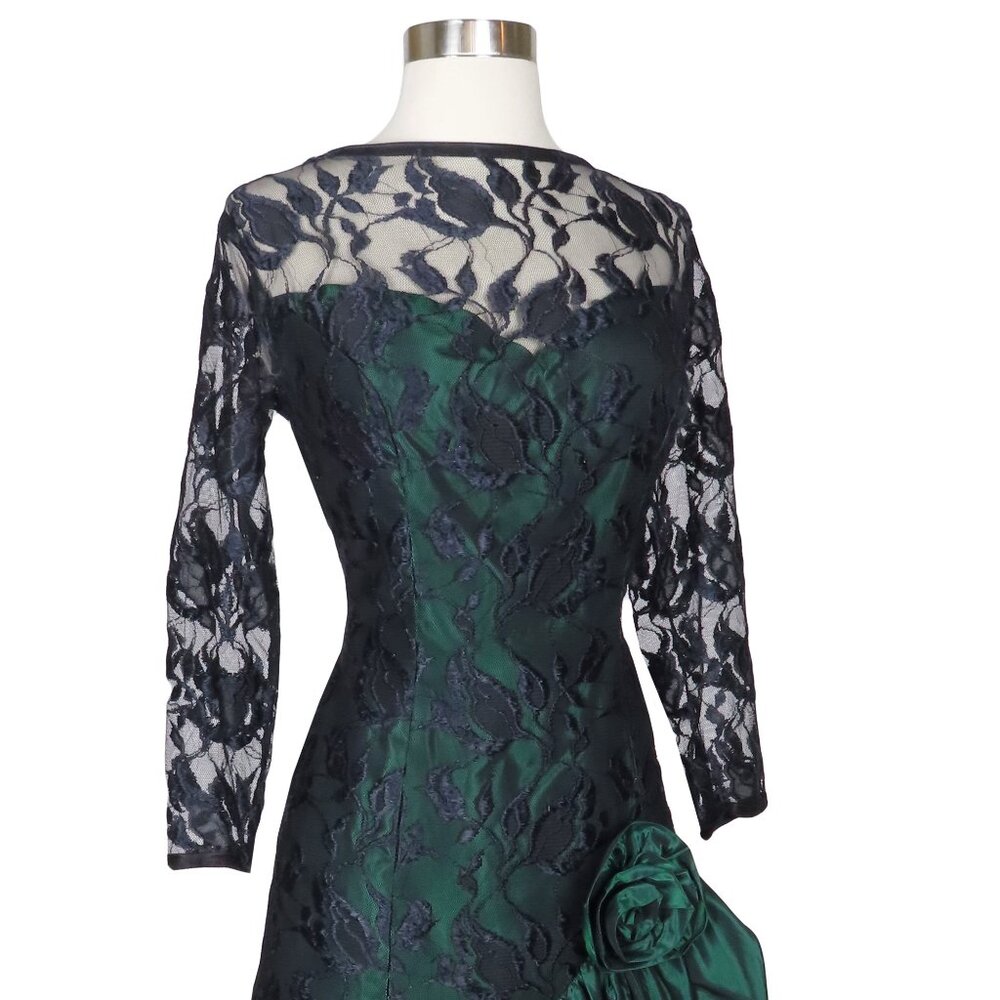 Vintage 80s Black Lace Green Long Sleeve Mermaid Full Skirt Prom Party Dress M - Picture 7 of 10